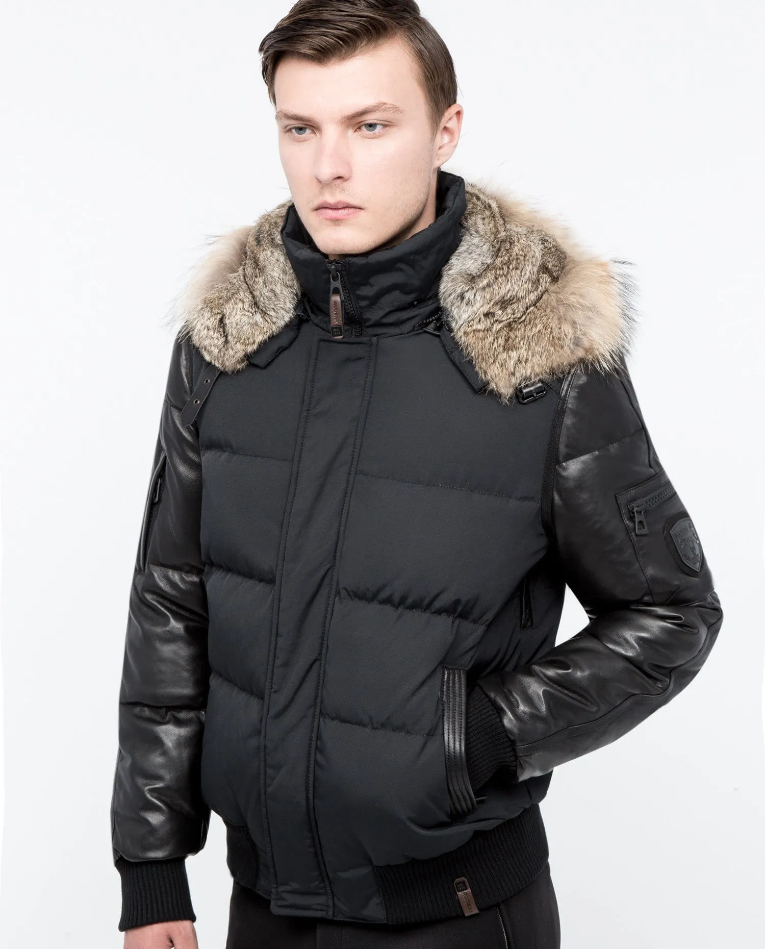 Bale Leather Sleeved Bomber Jacket With Fur Hood