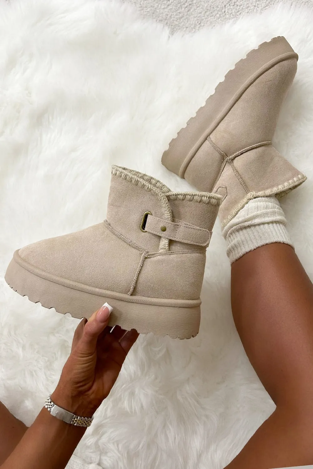 BEIGE THICK SOLED SLIP ON FUR LINED ANKLE BOOTS