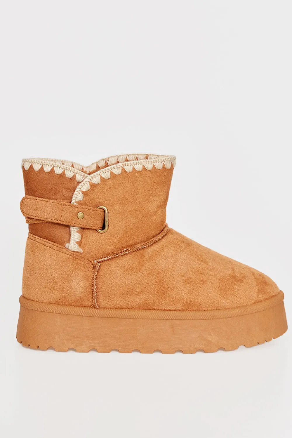 CAMEL THICK SOLED SLIP ON FUR LINED ANKLE BOOTS