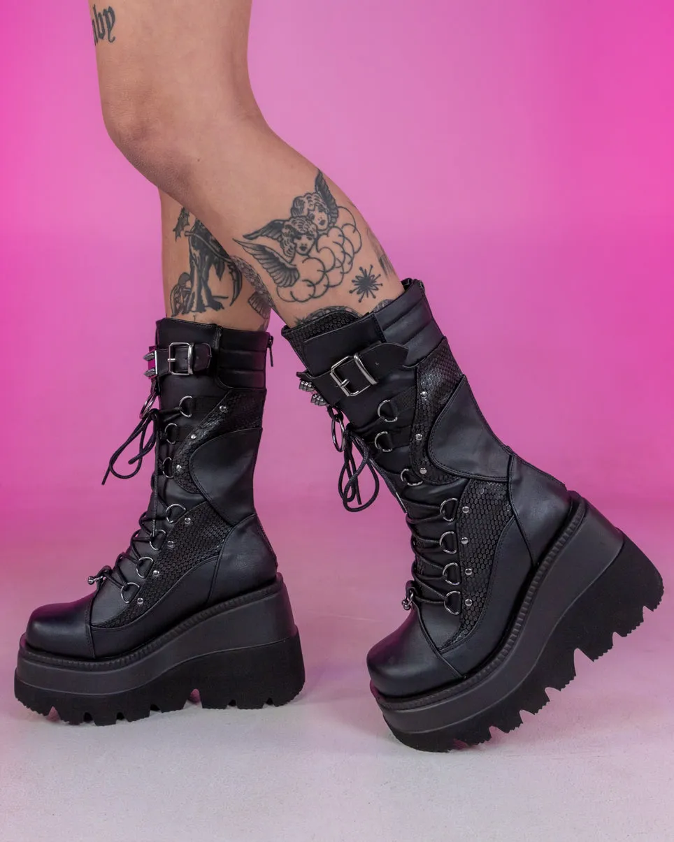 Demonia Shaker Black Lace-Up Mid-Calf Platform Boot