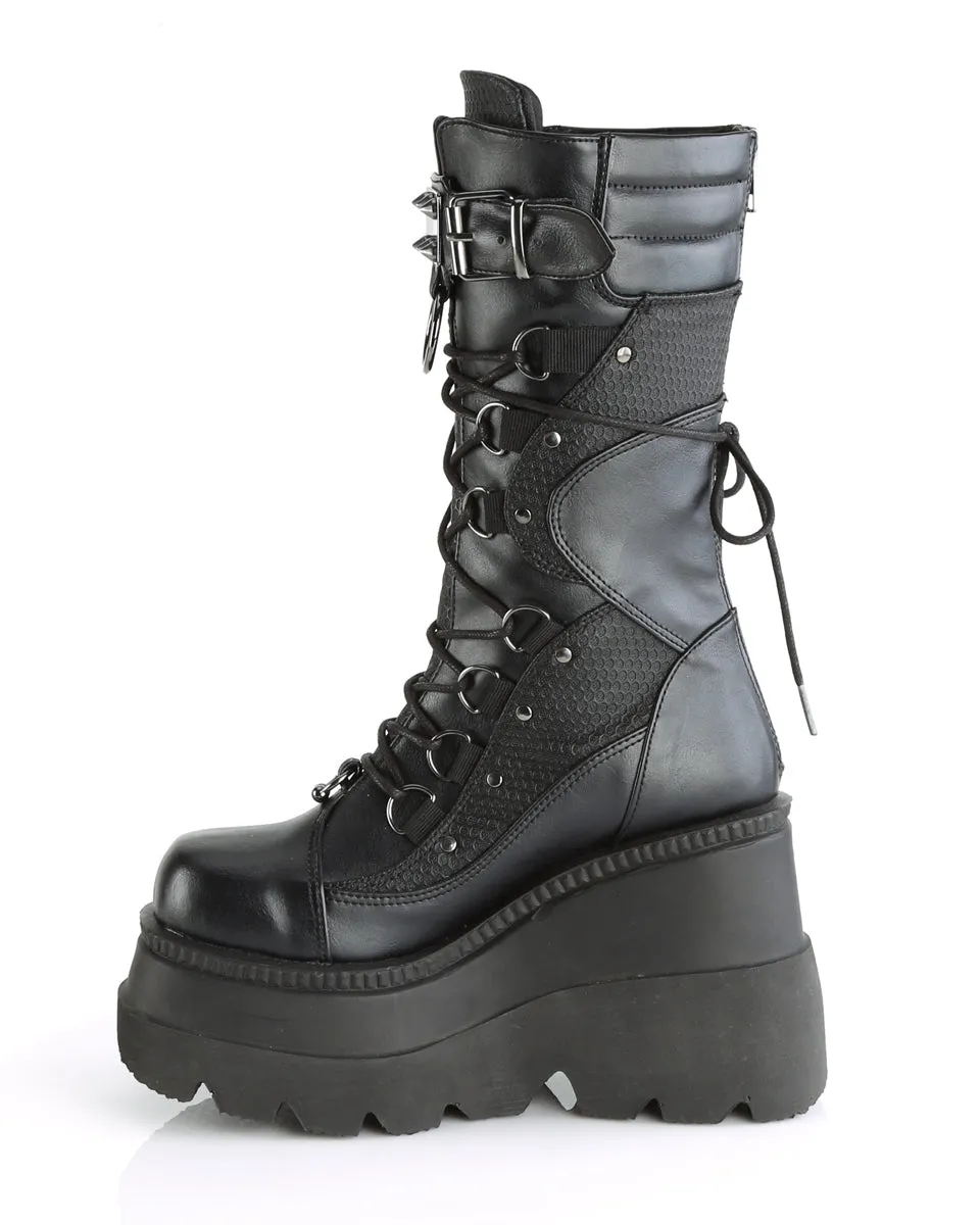 Demonia Shaker Black Lace-Up Mid-Calf Platform Boot