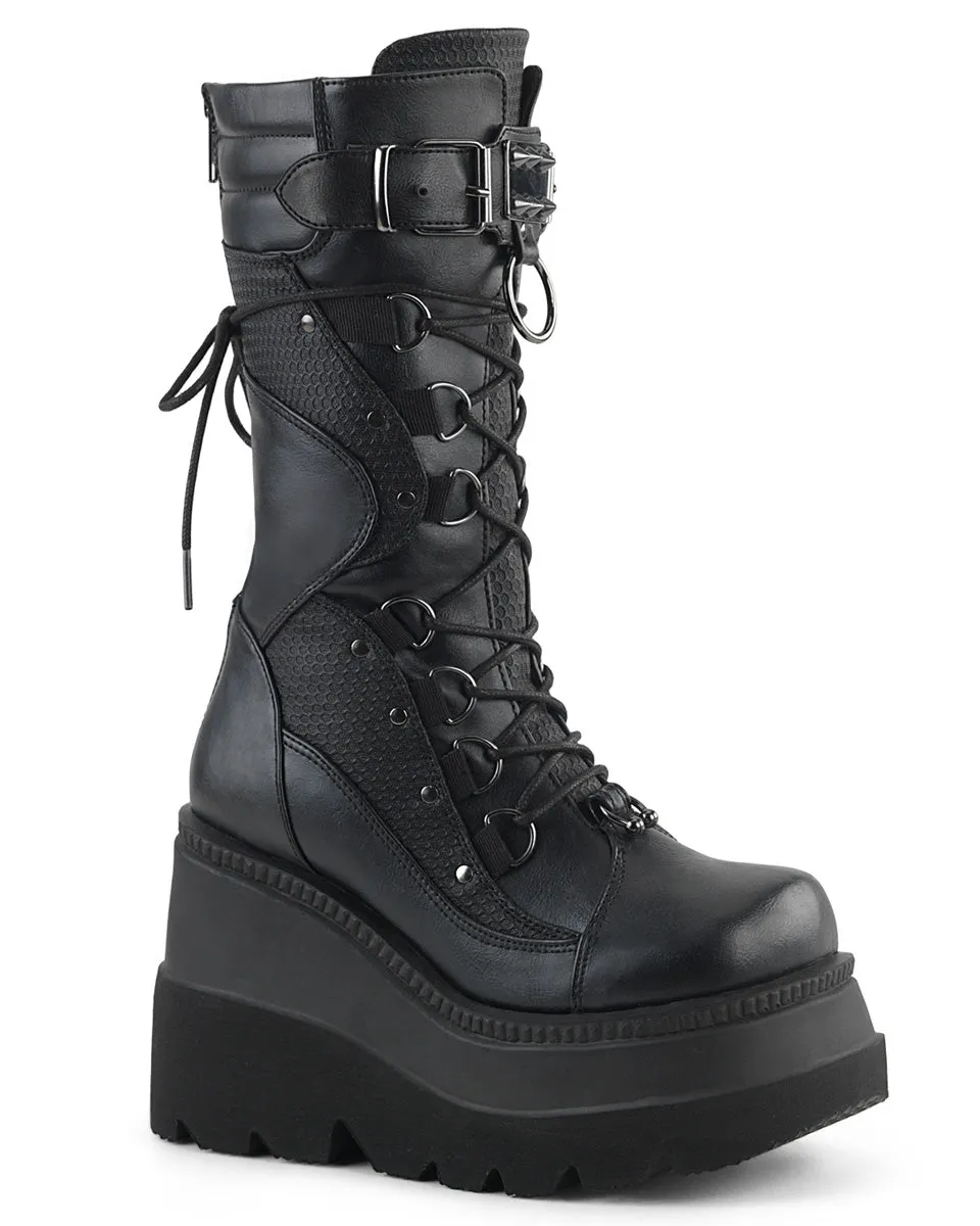 Demonia Shaker Black Lace-Up Mid-Calf Platform Boot