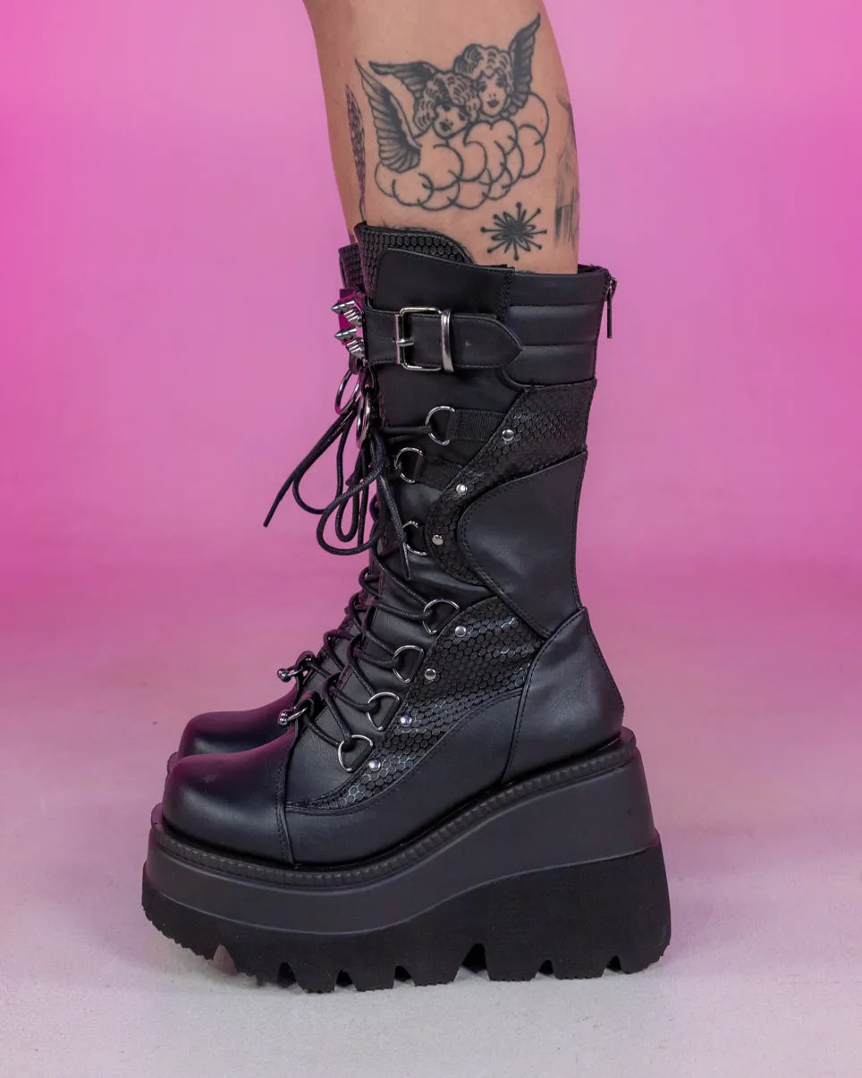 Demonia Shaker Black Lace-Up Mid-Calf Platform Boot