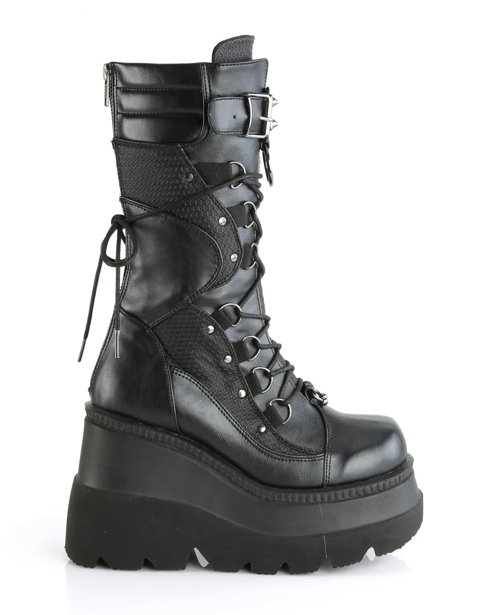 Demonia Shaker Black Lace-Up Mid-Calf Platform Boot