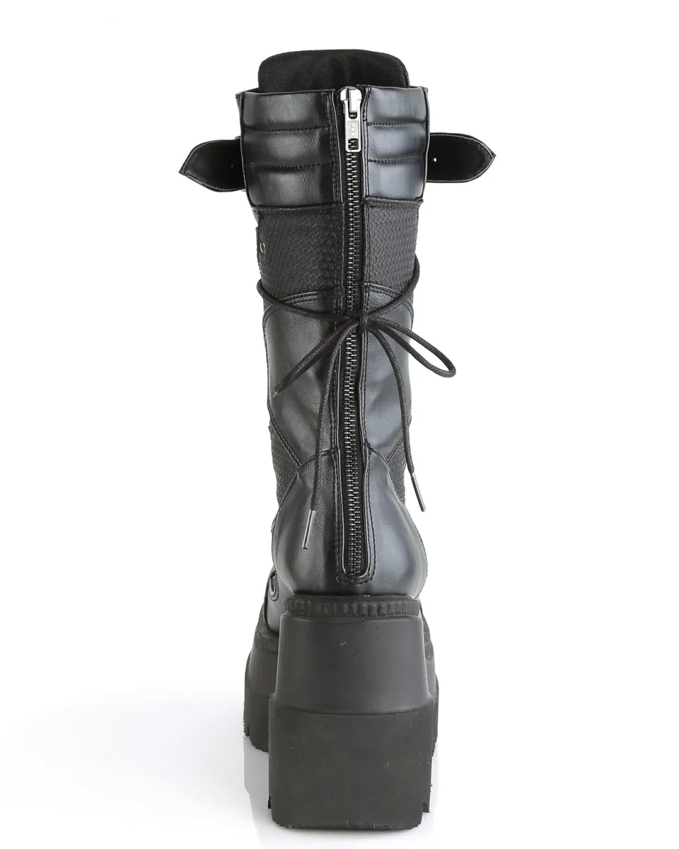 Demonia Shaker Black Lace-Up Mid-Calf Platform Boot