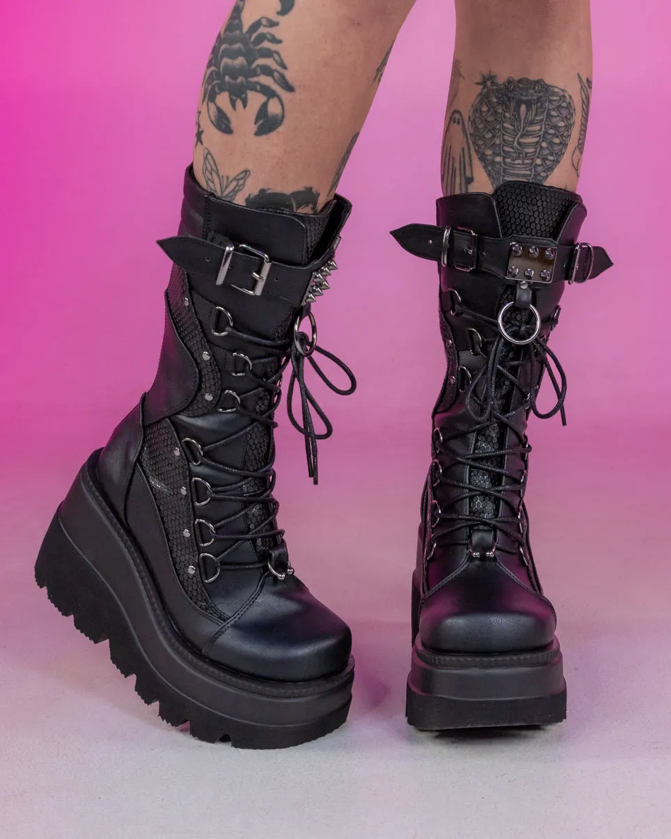 Demonia Shaker Black Lace-Up Mid-Calf Platform Boot