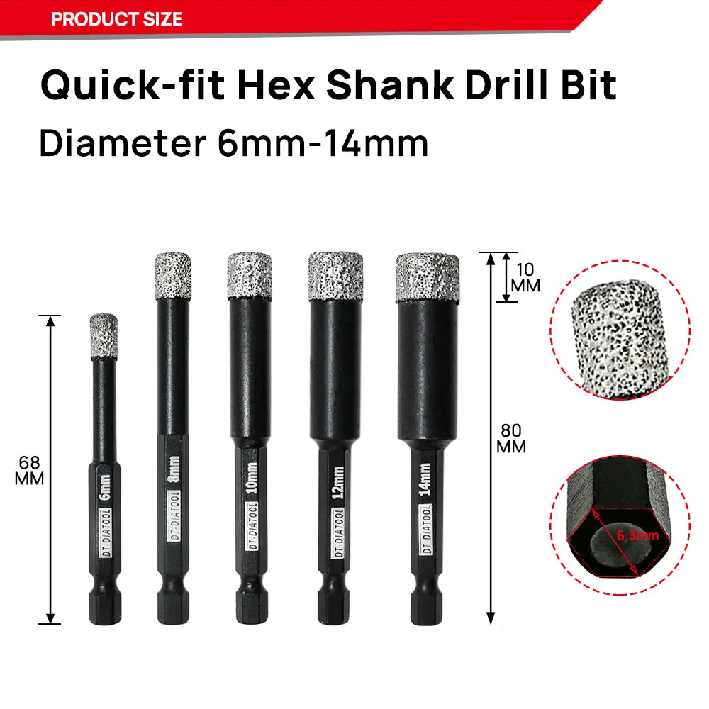 DT-DIATOOL  Quick-fit Shank Dry Drilling Core Bits Hole Saw for Drilling Granite & Marble or Stone 2pcs Dia 6/8/10/12/14MM