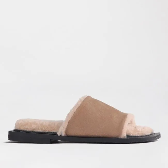 Flat Mule Sandal with Genuine Sheepskin lining in Stone - 12710