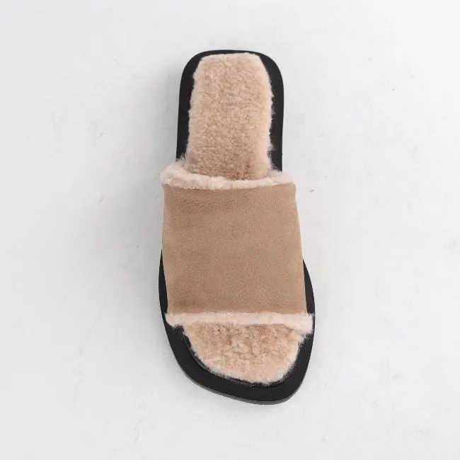 Flat Mule Sandal with Genuine Sheepskin lining in Stone - 12710