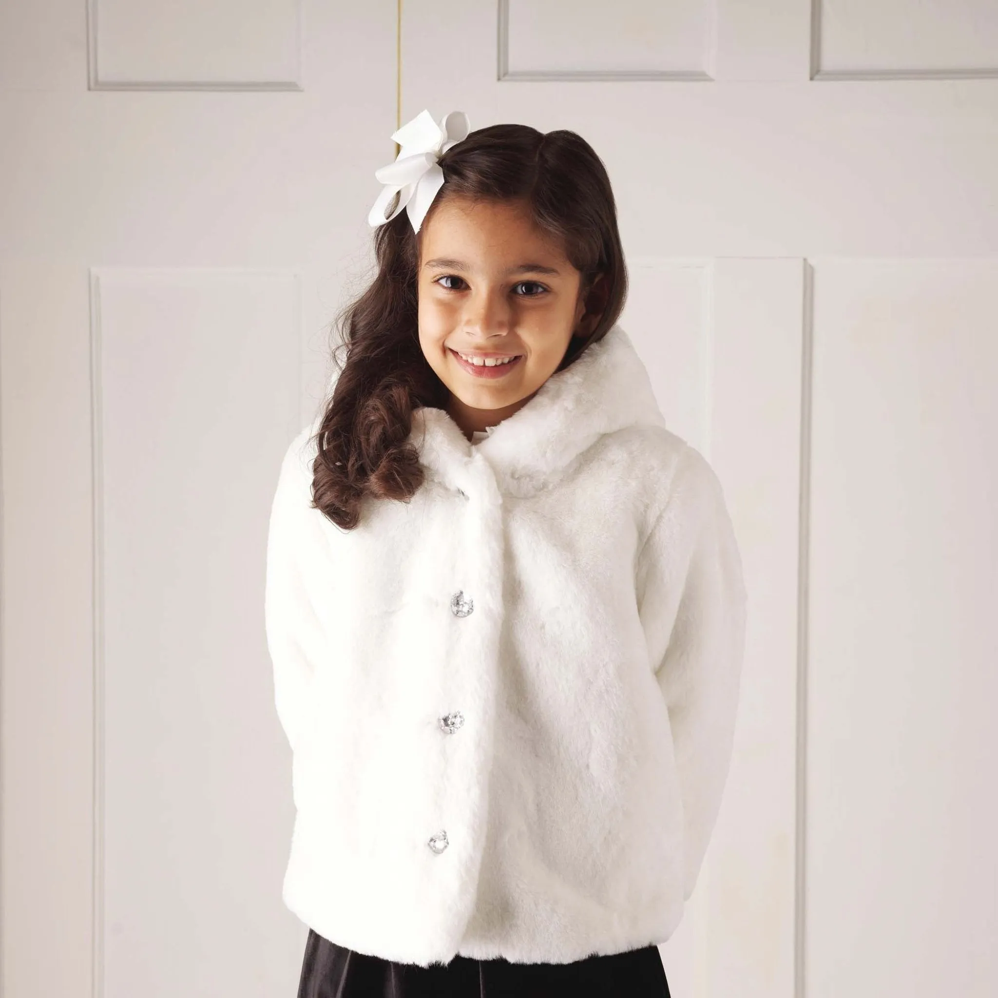 Girls Ivory Faux Fur Short Jacket