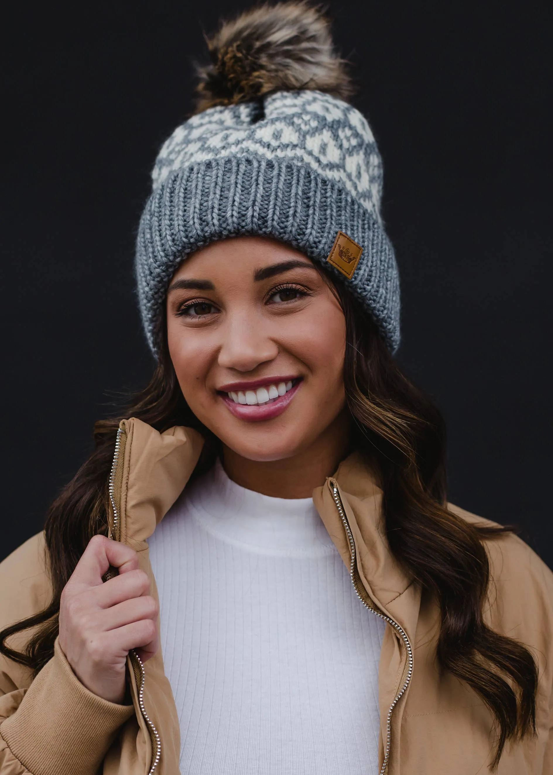 Grey & Cream Pattern Pom Hat