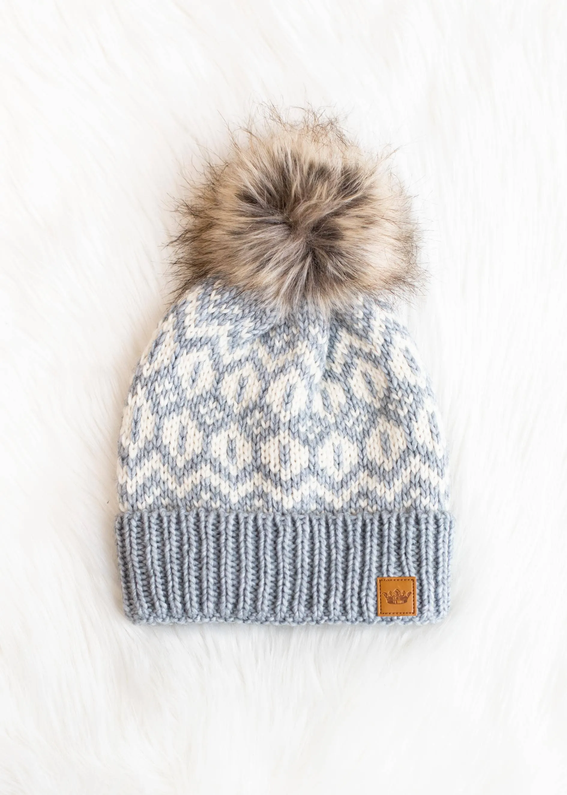 Grey & Cream Pattern Pom Hat