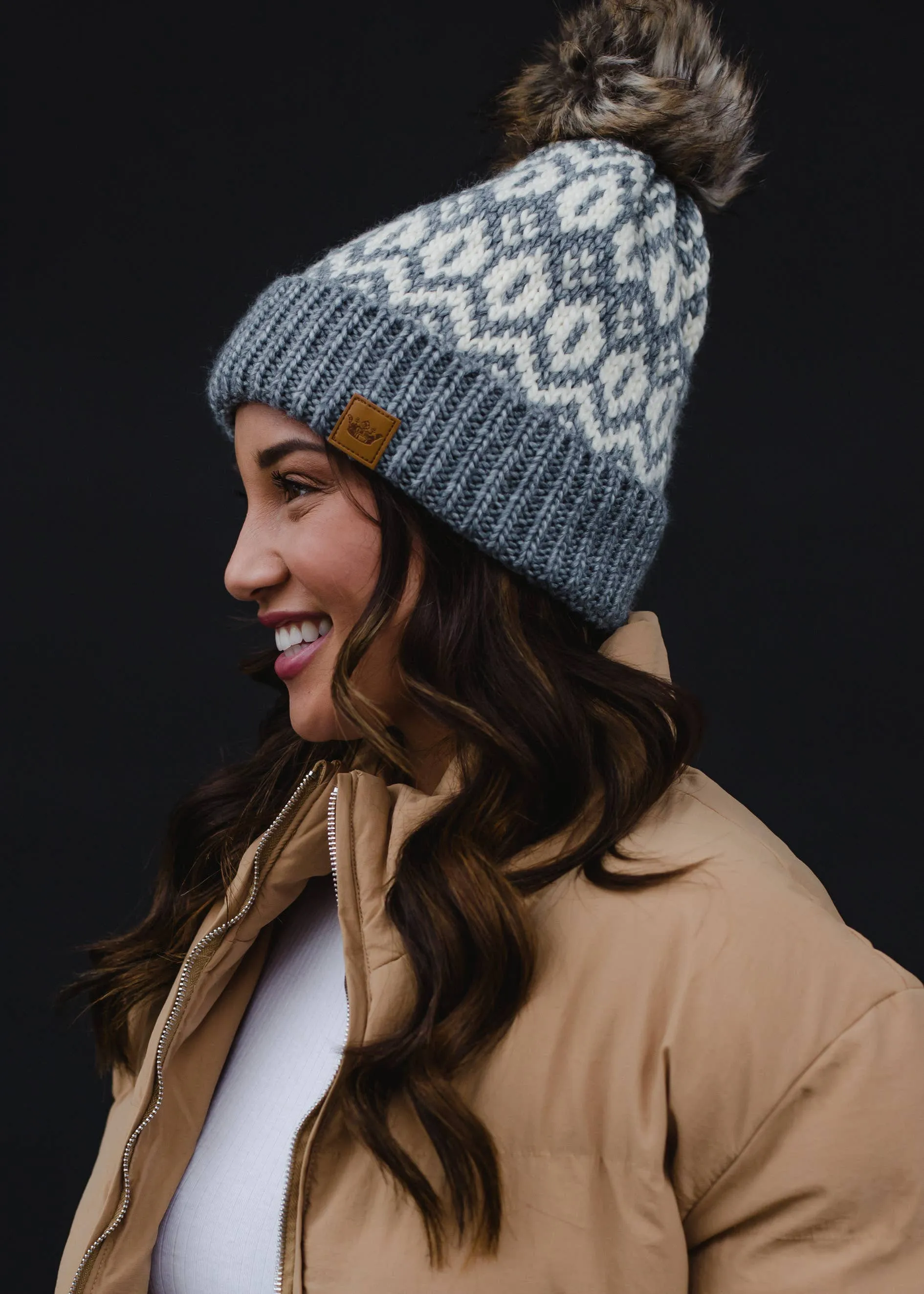 Grey & Cream Pattern Pom Hat