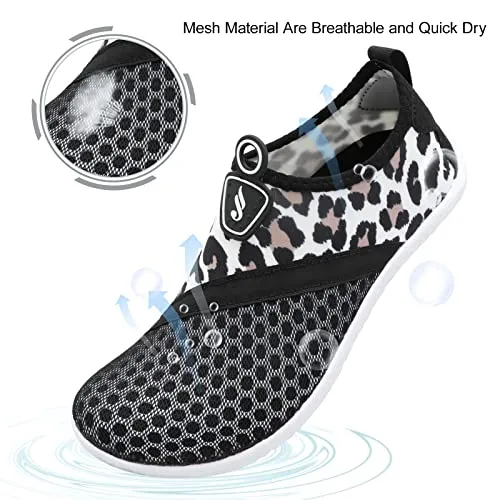 JIASUQI Outdoor Womens Mens Athletic Hiking Aqua Water Shoes Beach Pool Walking Shoes Black Leopard 7.5-8.5 Women/6-7 Men