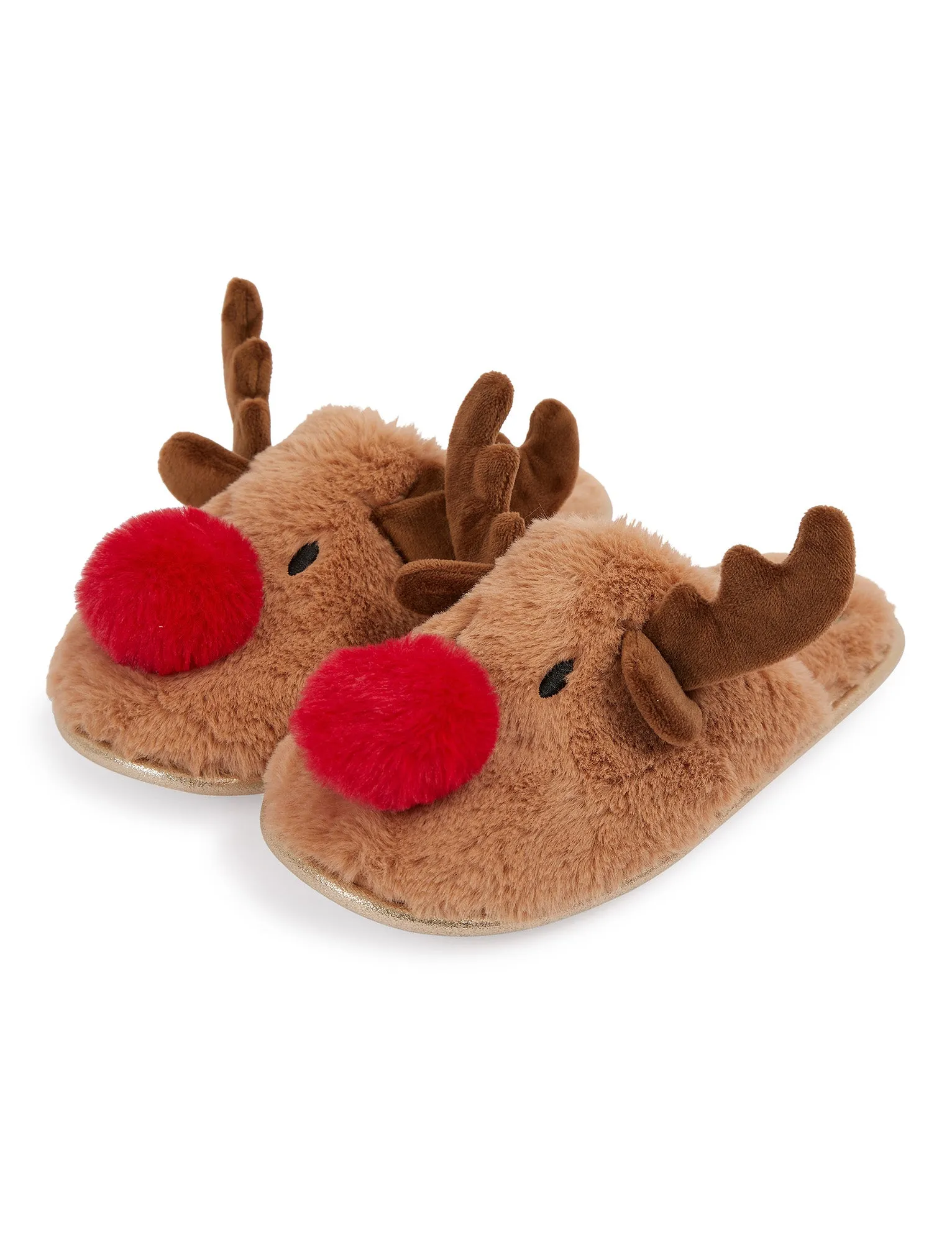 Men's Rudy Red Nose 3D Rudolph Reindeer Faux-Fur Christmas Mule Slippers in Light Brown - Merry Christmas