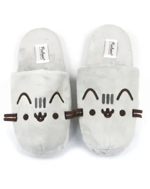 Pusheen Cartoon Cat Plush Face 3D Whiskers Women's Grey Mule Slip-on Slipper