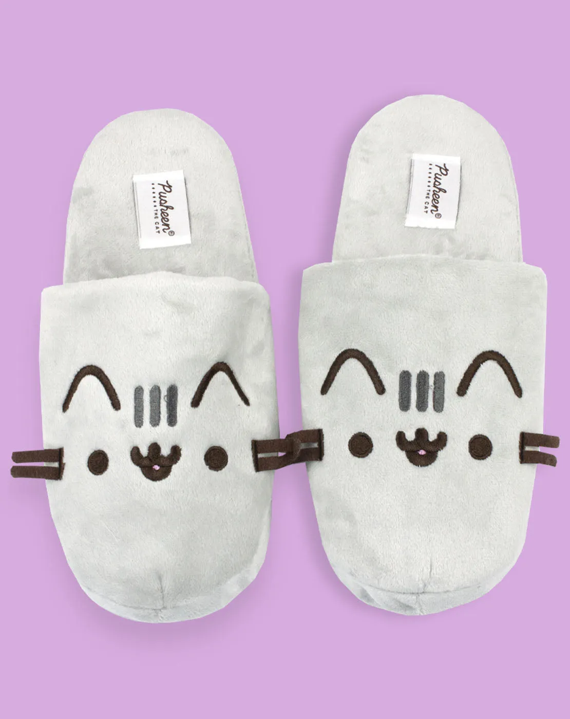 Pusheen Cartoon Cat Plush Face 3D Whiskers Women's Grey Mule Slip-on Slipper