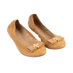 Tory Burch Tan Leather Bow Scrunch Ballet Flats