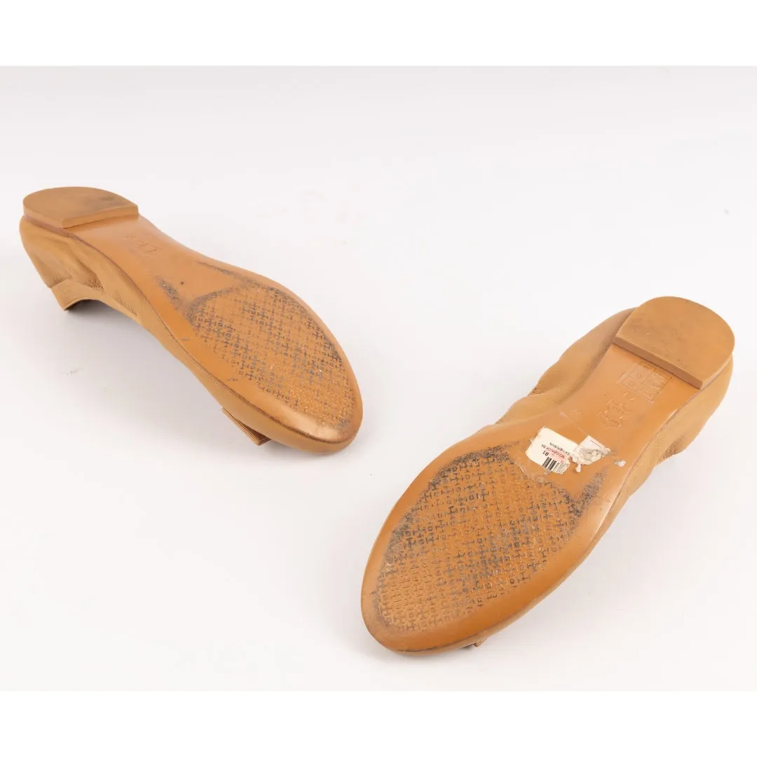 Tory Burch Tan Leather Bow Scrunch Ballet Flats