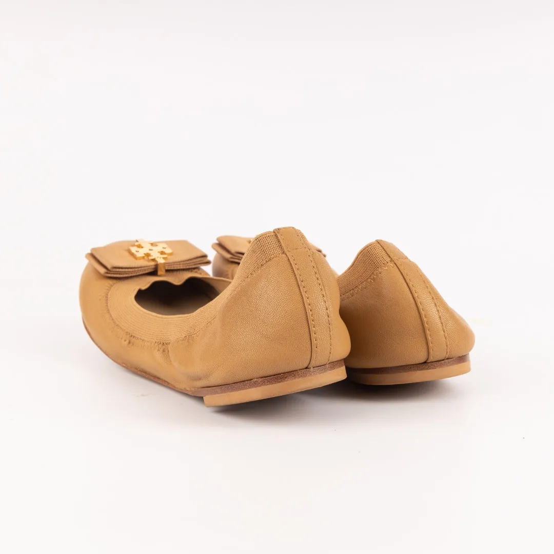 Tory Burch Tan Leather Bow Scrunch Ballet Flats