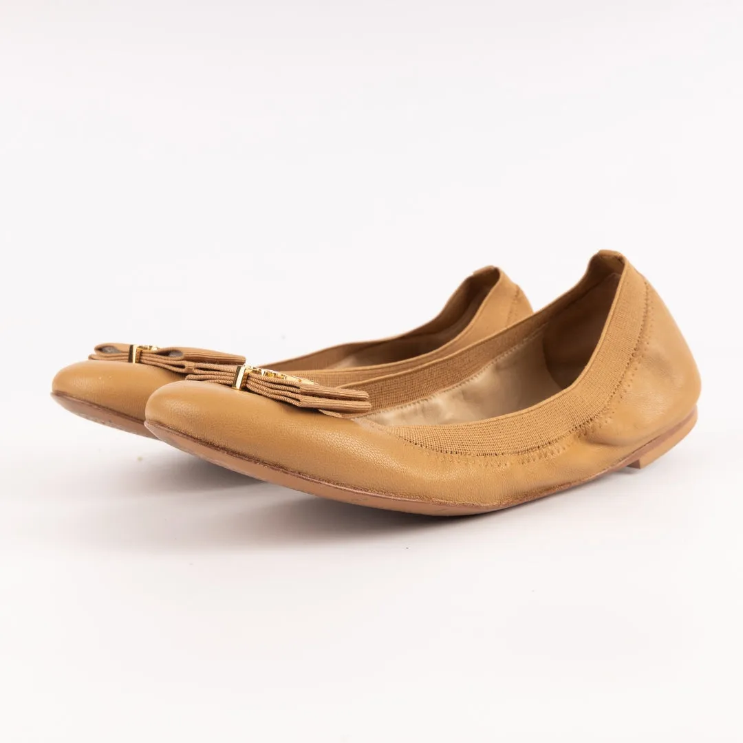 Tory Burch Tan Leather Bow Scrunch Ballet Flats