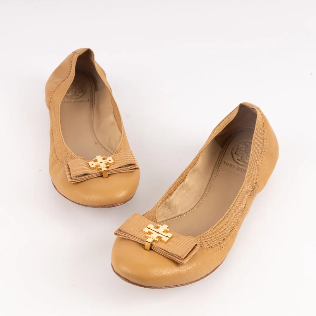 Tory Burch Tan Leather Bow Scrunch Ballet Flats