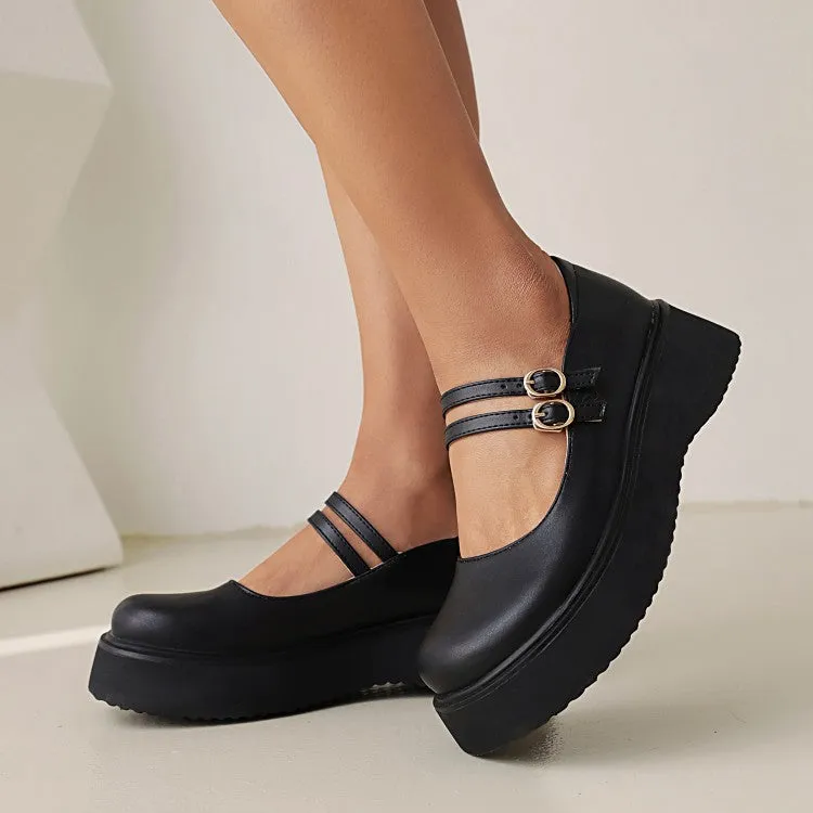 Women's Round Toe Mary Janes Buckle Straps Flat Platform Pumps