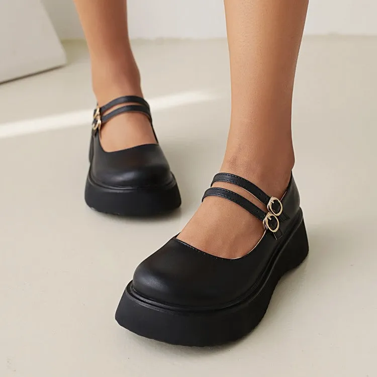 Women's Round Toe Mary Janes Buckle Straps Flat Platform Pumps