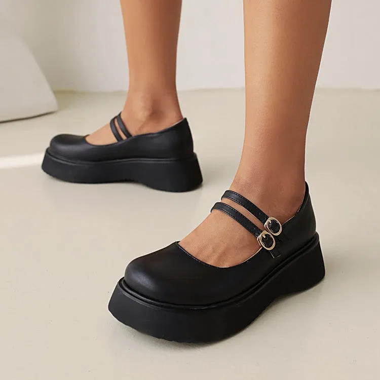 Women's Round Toe Mary Janes Buckle Straps Flat Platform Pumps