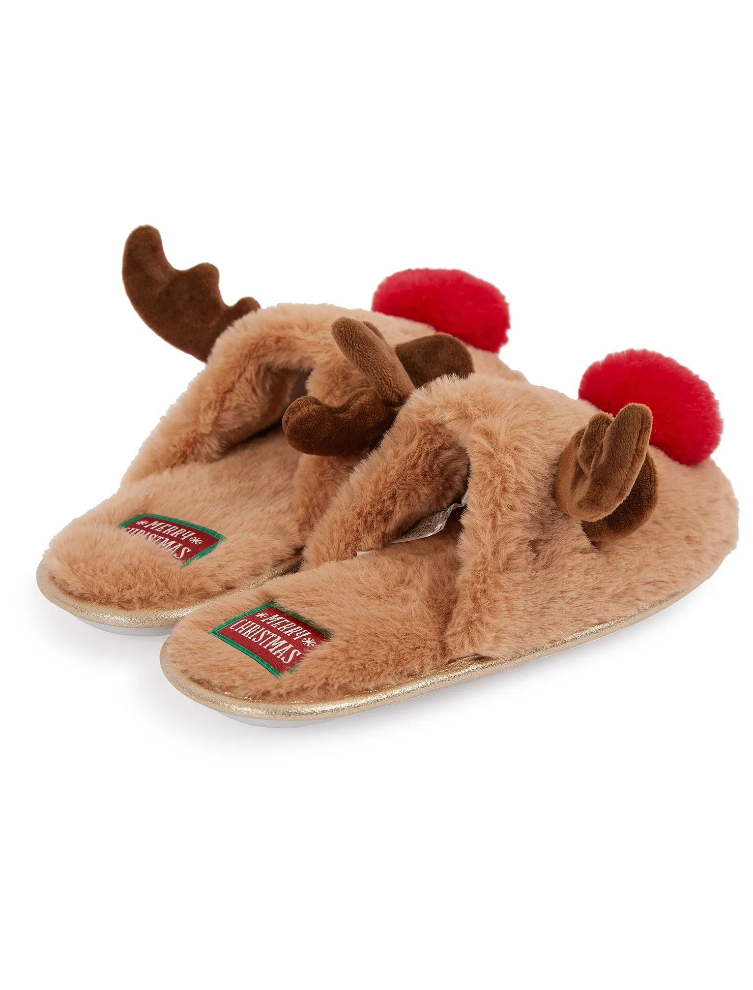 Women's Rudy Red Nose 3D Rudolph Reindeer Faux-Fur Christmas Mule Slippers in Light Brown - Merry Christmas