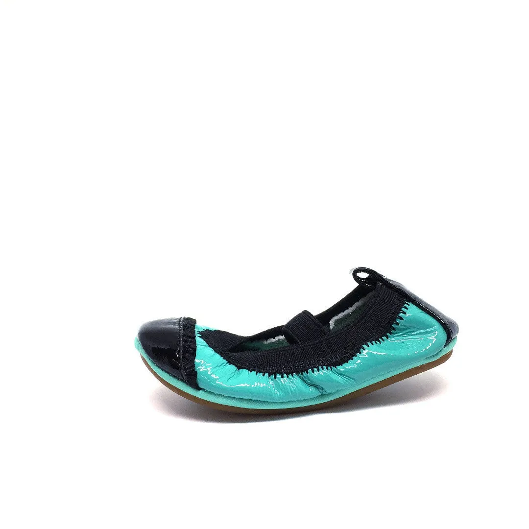 Yosi Samra Girl's Sammie Turquoise & Black Patent Leather Elastic Foldable Ballet Flats